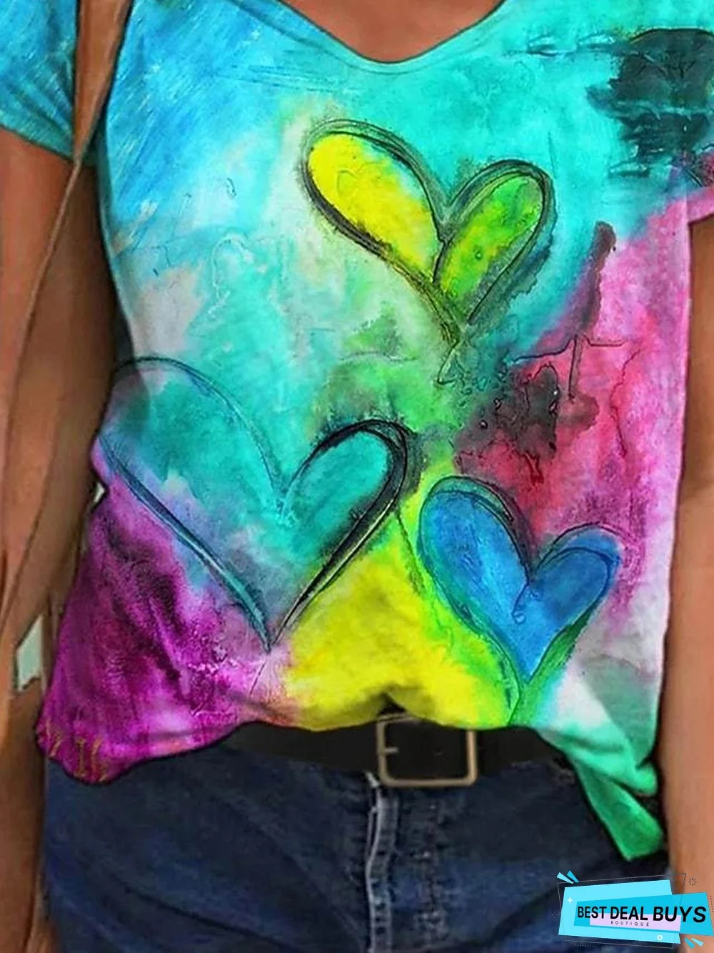 Women's Heart T-Shirt Heart Tie Dye V Neck Tops Basic Top Rainbow