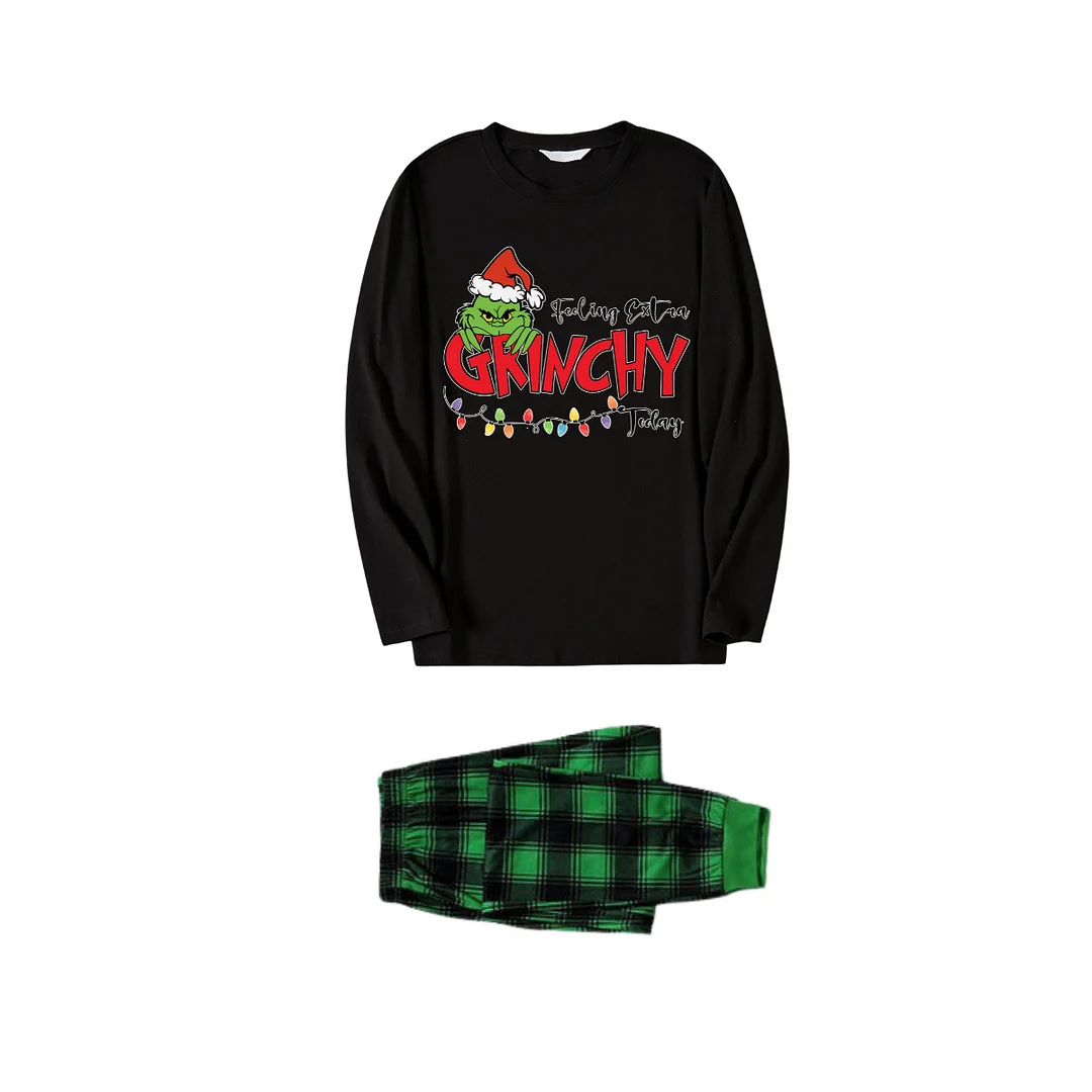 Christmas Cartoon Pattern and Light Print Black Long Sleeve Top with Green and Black Plaid Family Matching Pajamas