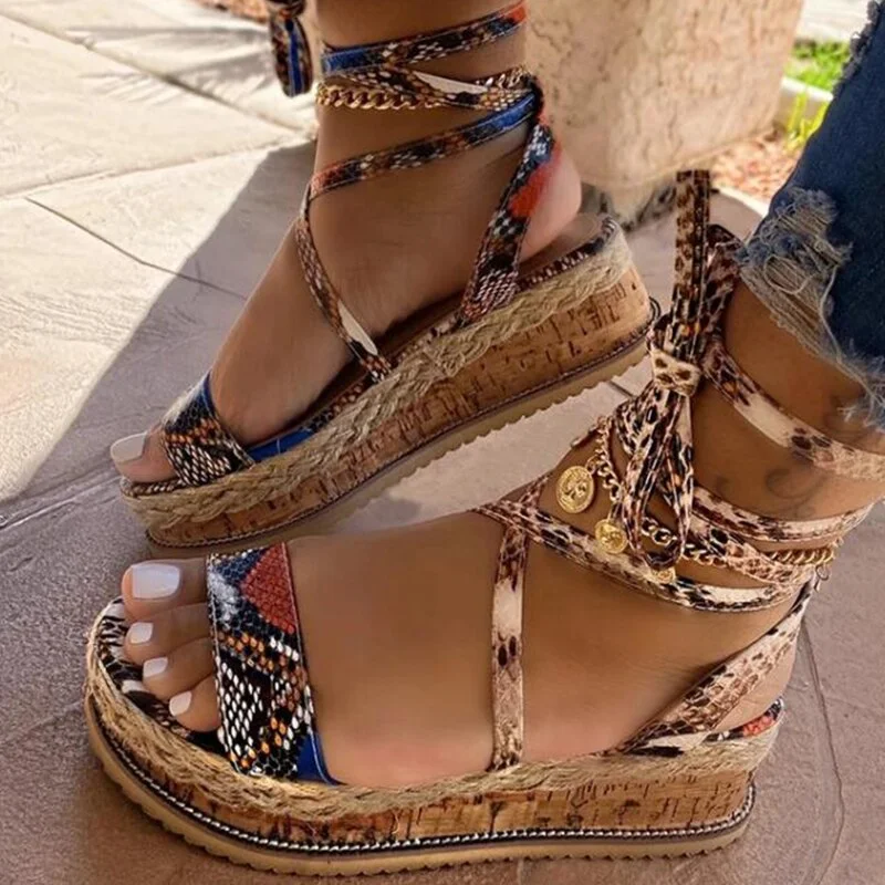 Wedges Heels Fashion  Shoelaces Snake Printed Summer INS Hot Shoes Women Sandals