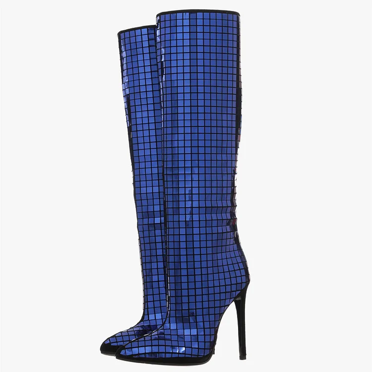 Women's Blue Mirror Stiletto Heels Knee Boots |FSJ Shoes