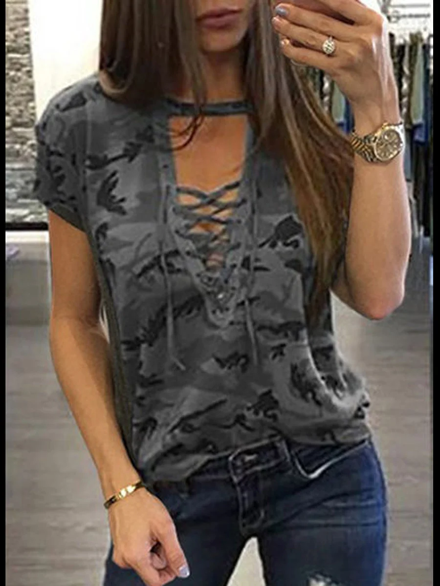 Lace Up Camouflage Printed Blouse