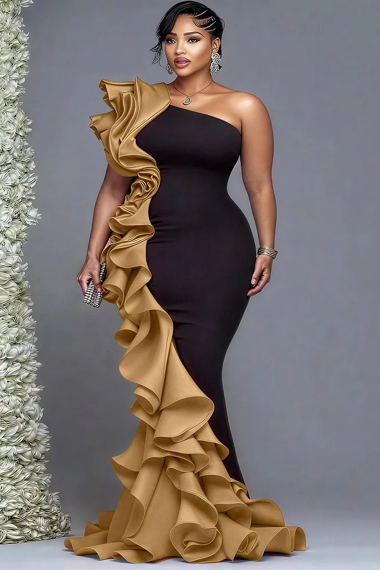 Xpluswear Design Plus Size Formal Red Colorblock One Shoulder Ruffle Elegant 3D Bodycon Maxi Dresses 2024 - Xpluswear