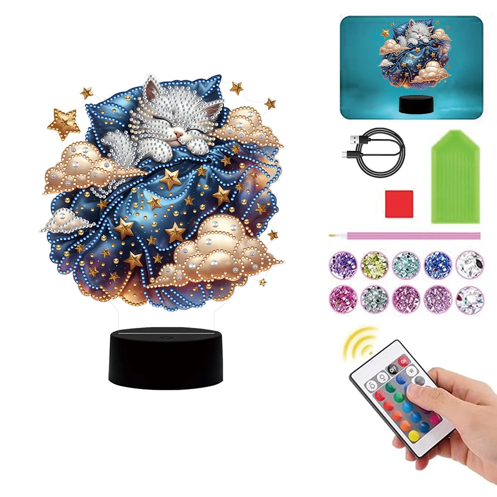 5D DIY Cat Double Sided Diamond Painting Acrylic Night Light for Art Crafts
