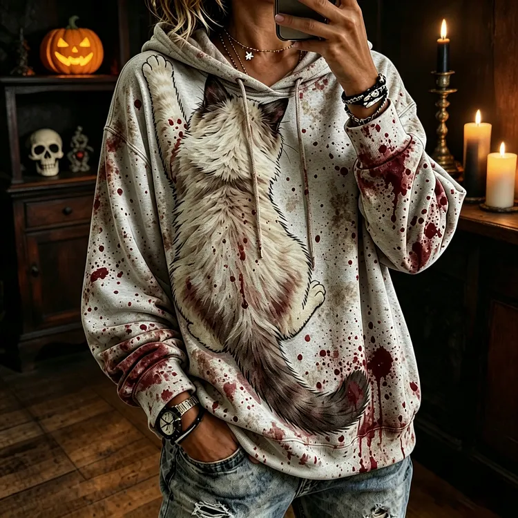 Women&rsquo;s Realistic 3d Fluffy Back View Ragdoll Cat Clinging Cat In Bloody Print Hoodie
