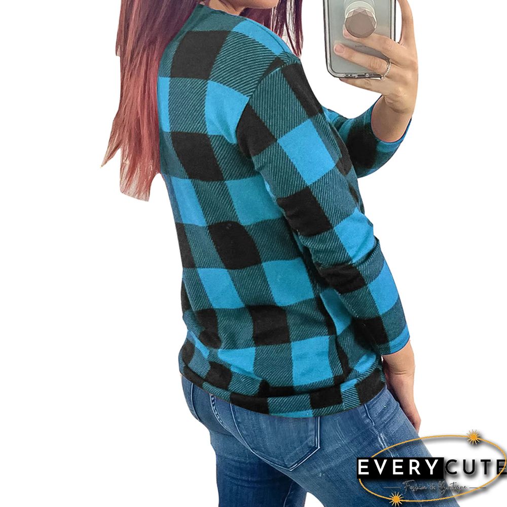Light Blue V Neck Plaid Print Long Sleeve Tops