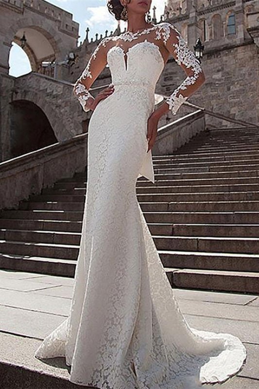 Langarm Brautkleid Meerjungfrau Spitzen Hochzeitskleid PD0329 Lunass