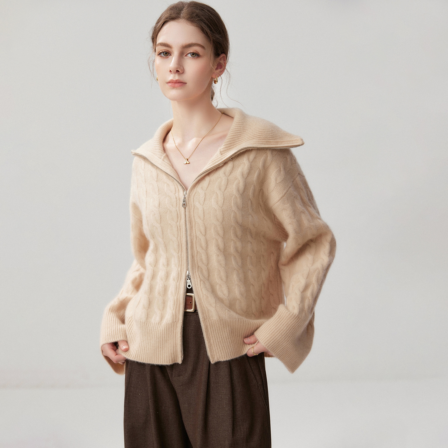 Women's Baby Cashmere Jacket Relaxed Fit Funnel-Neck Zip-Front REAL SILK LIFE