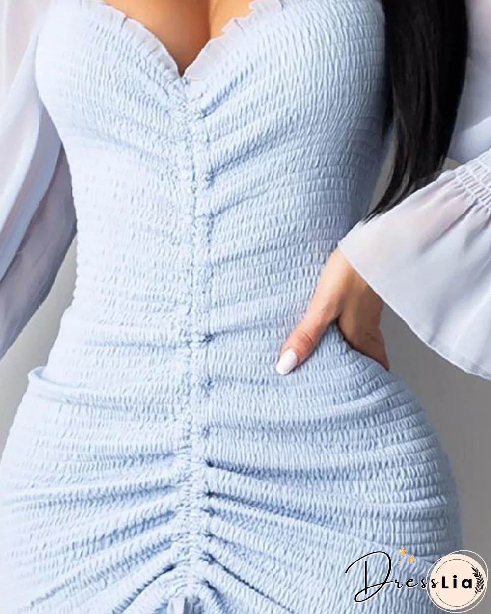 Shirring Ruched Frill Hem Long Sleeve Dress P14747