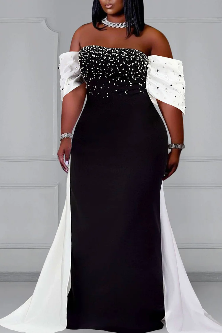 Plus Size Formal Maxi Dresses Elegant Black Spring Summer Off The Shoulder Rhinestone Maxi Dresses [Pre-Order]