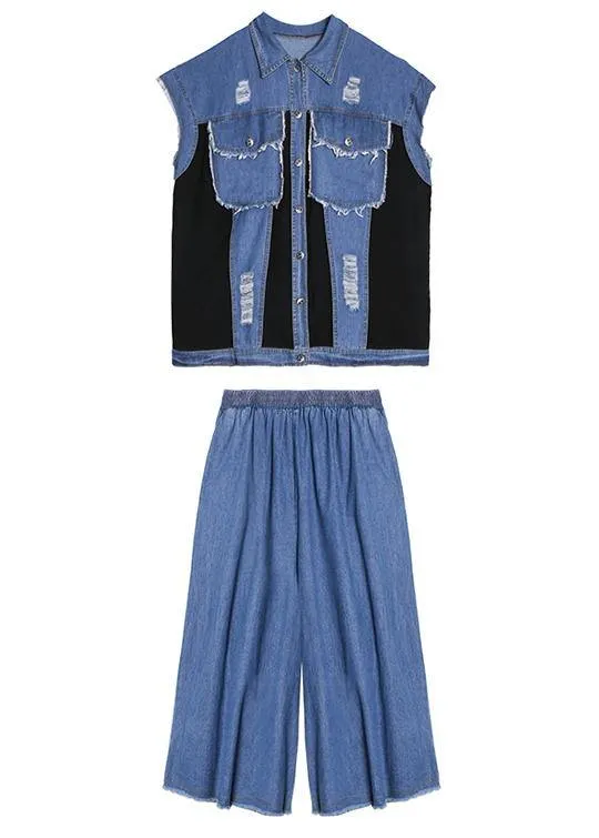Sold Out- trendy large size thin western denim blue Vest wide leg pants two-piece suit