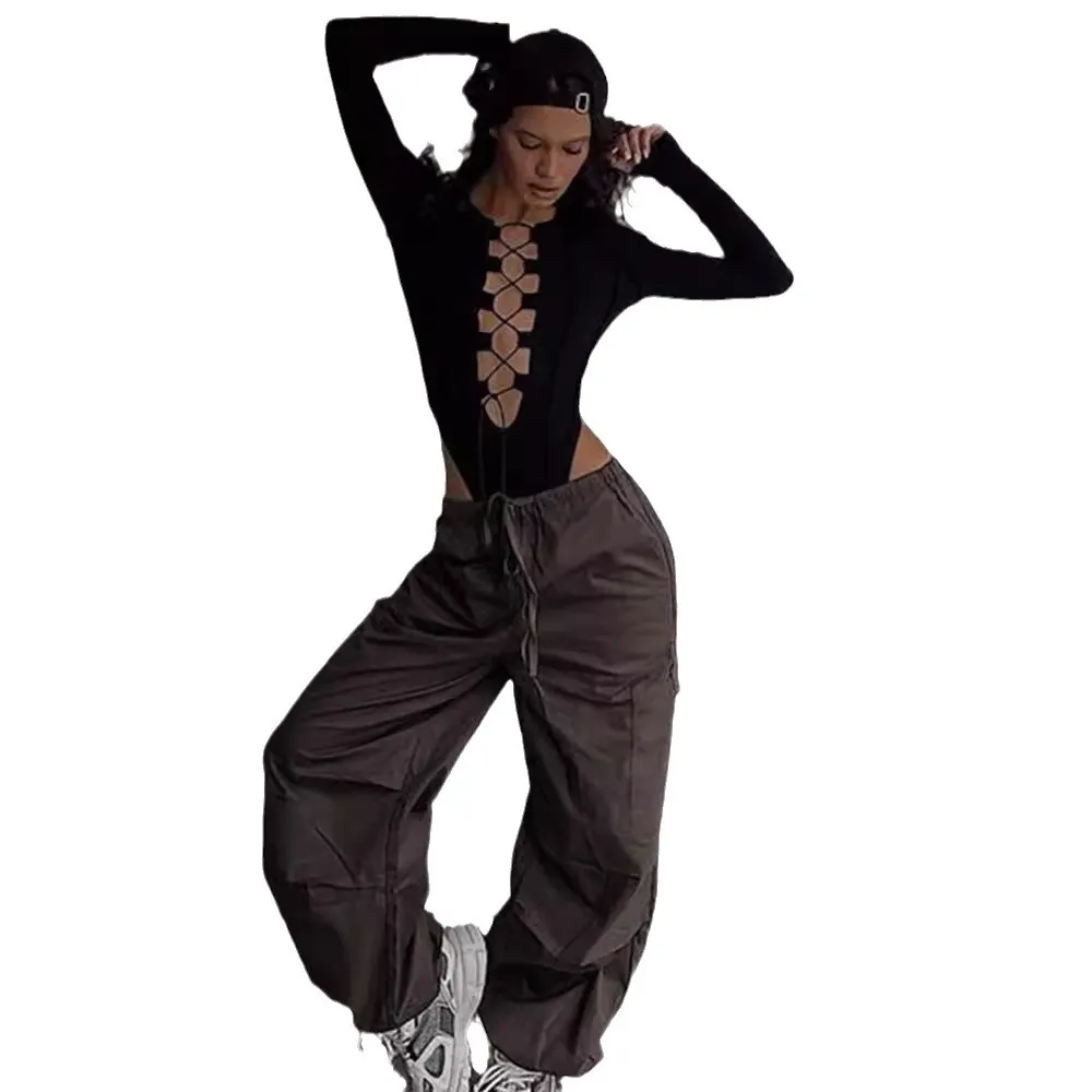 Churchf Churchf Fashion Women Sexy Big V Hollow Out Strap Anti Pit Strip Slim Long Sleeve Jumpsuit Female
