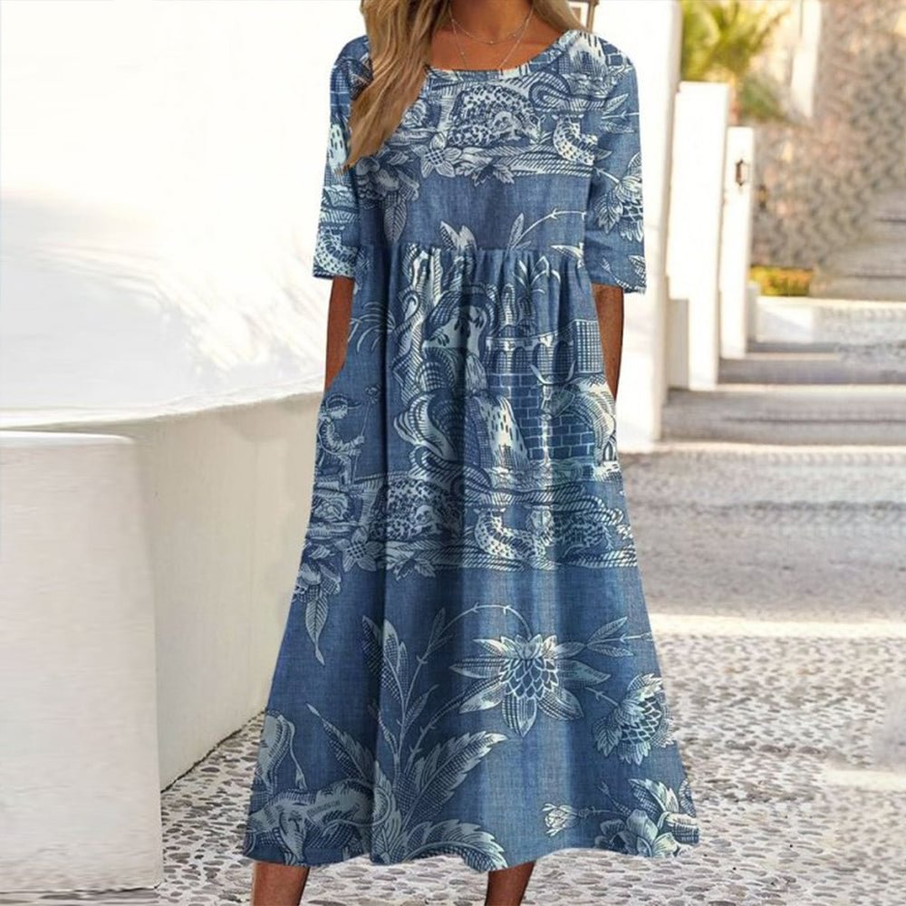 Blue Half Sleeve Print Midi Dress