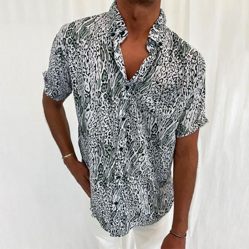 Leopard Printed Streetwear Summer Casual Lapel Short Sleeve Men Shirts-VESSFUL