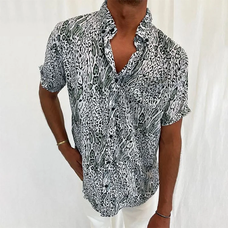 Leopard Printed Streetwear Summer Casual Lapel Short Sleeve Men Shirts at Hiphopee