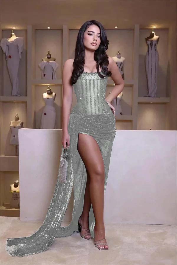 Hidais Stunning Black Strapless Sleeveless Mermaid Long Split Prom Dress With Beading