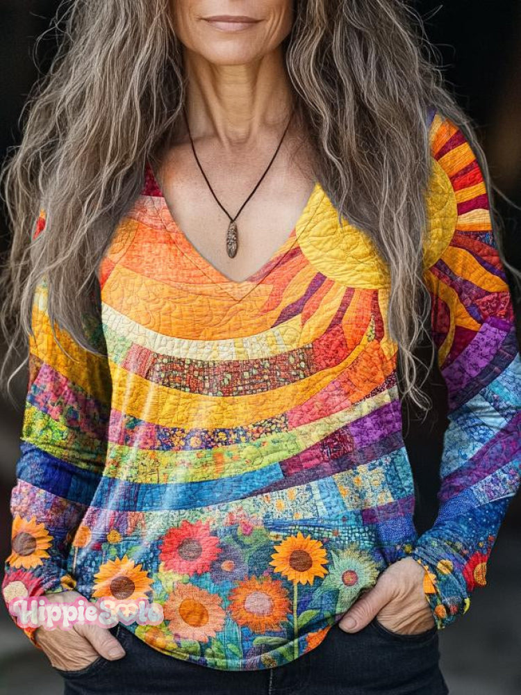 Women’s Colorful Sunshine & Flowers Sea Print Casual V-Neck Long Sleeve T-Shirt Multicolor / S