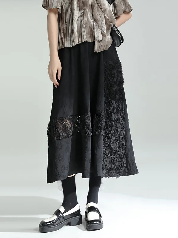 Urban High Waisted Hollow Black Floral A-Line Skirt