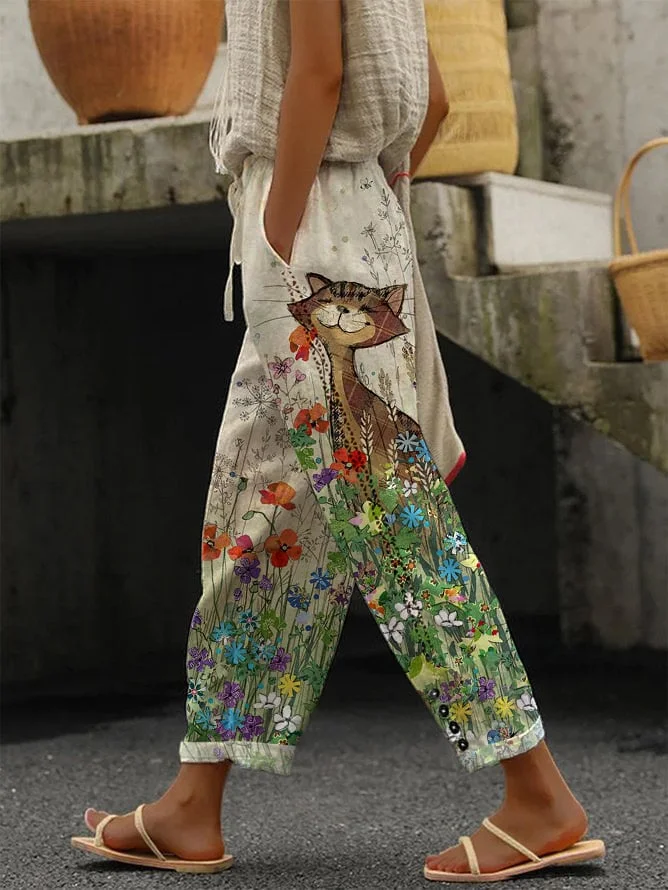 Ladies Cat Print Casual Pants