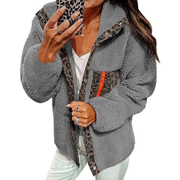 Womens Fleece Jacket Winter Coats Button Down Leopard Lapel Sherpa Outerwear Shacket Jacket