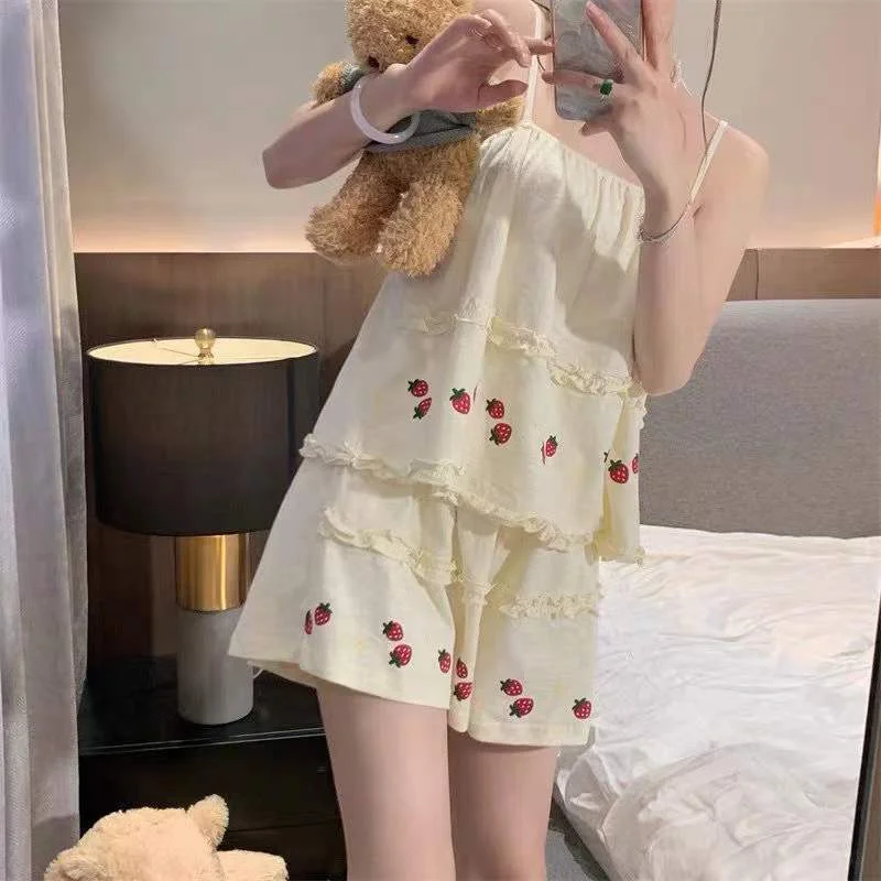 tlbang Sets Women Summer Thin Sweet Cute Strawberry-print Fungus Edge Sleeveless Kawaii Student All-match Leisure Elegant Tender