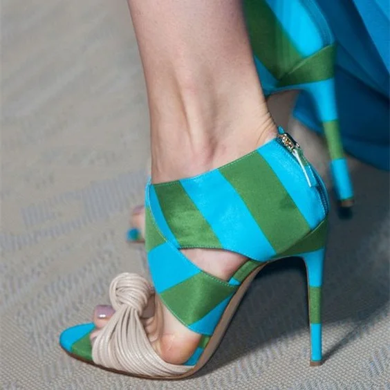 Blue and Green Striped Open Toe Stiletto Sandals Vdcoo