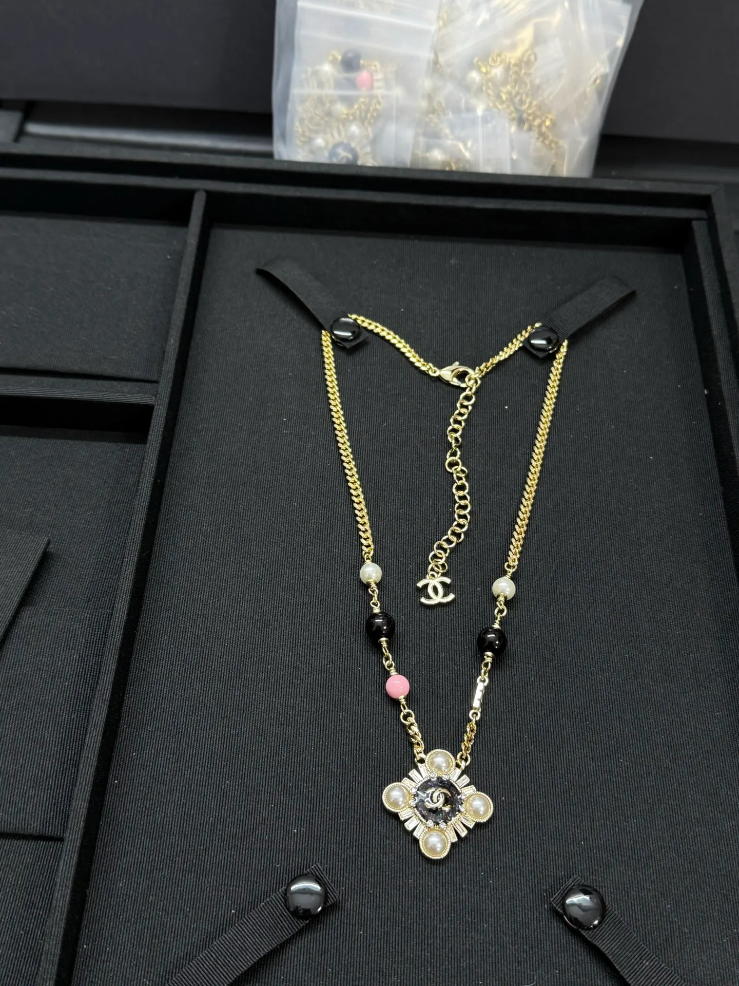 Chanel Pearl Paved Rhombic Pendant Necklace
