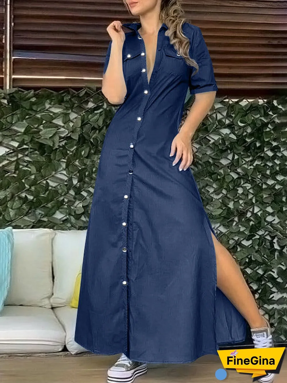 Women's Plus Size Denim Buttons Maxi Dress