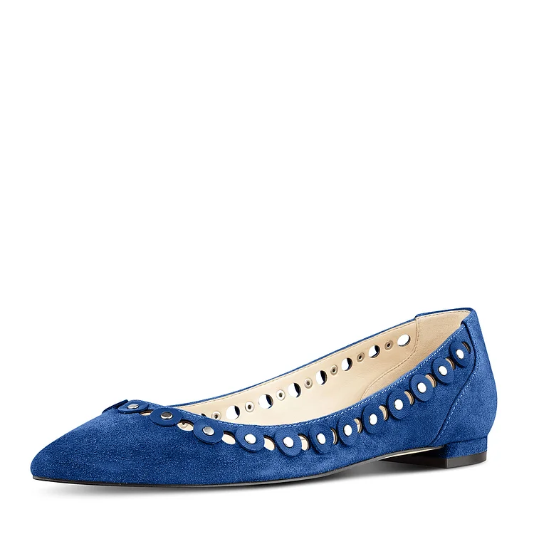 Blue Suede Pointy Toe Flats with Studs by Cobalt Shoes Vdcoo