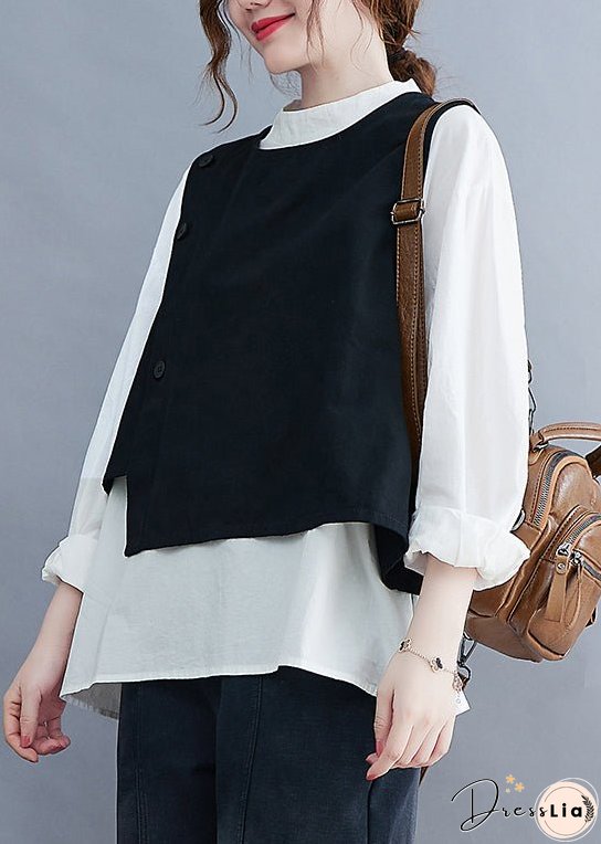 Style Black O-Neck Button Asymmetrical Vest White Shirt Two Piece Set Spring