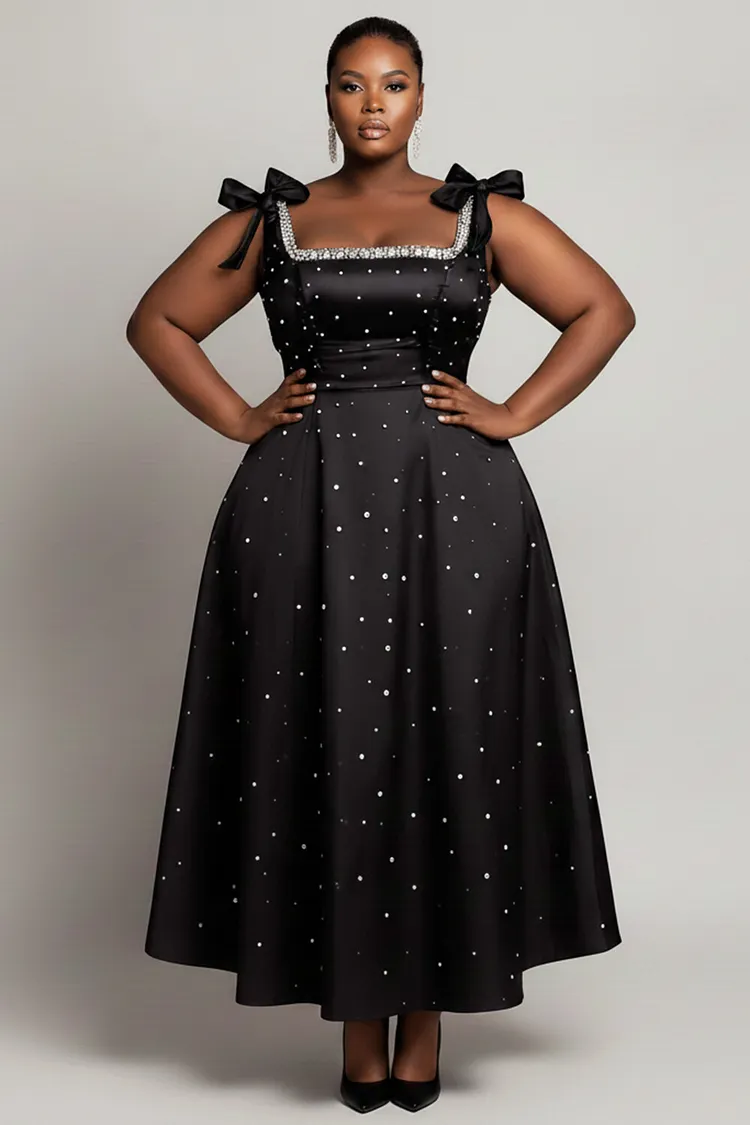 Xpluswear Design Plus Size Formal Black Square Neck Pearls Bow Tie Satin Maxi Dresses [Pre-Order] 2024 - Xpluswear
