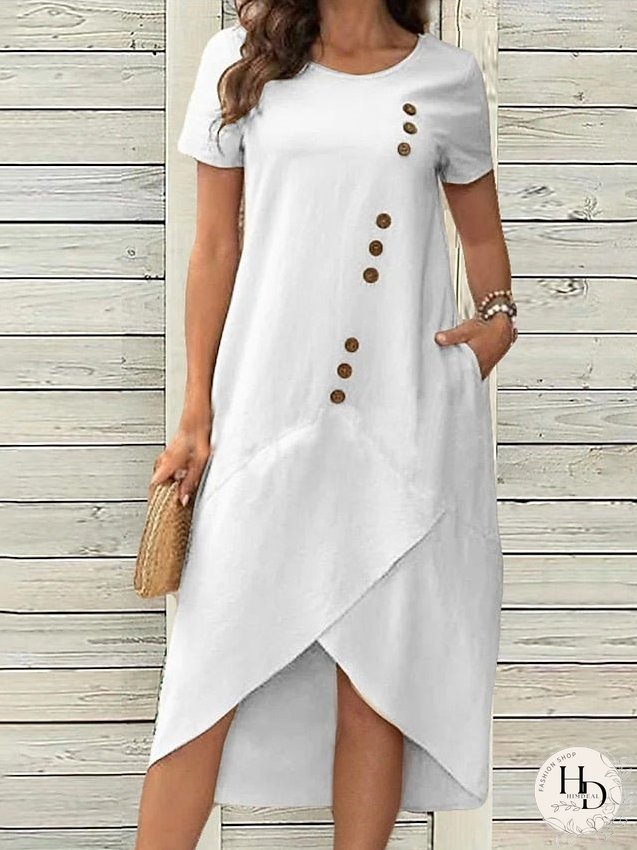 Casual Dress White Dress Summer Dress Midi Dress Button Pocket Daily Date Going out Fashion Basic Crew Neck Short Sleeve Regular Fit White Color S M L XL XXL Size for Women