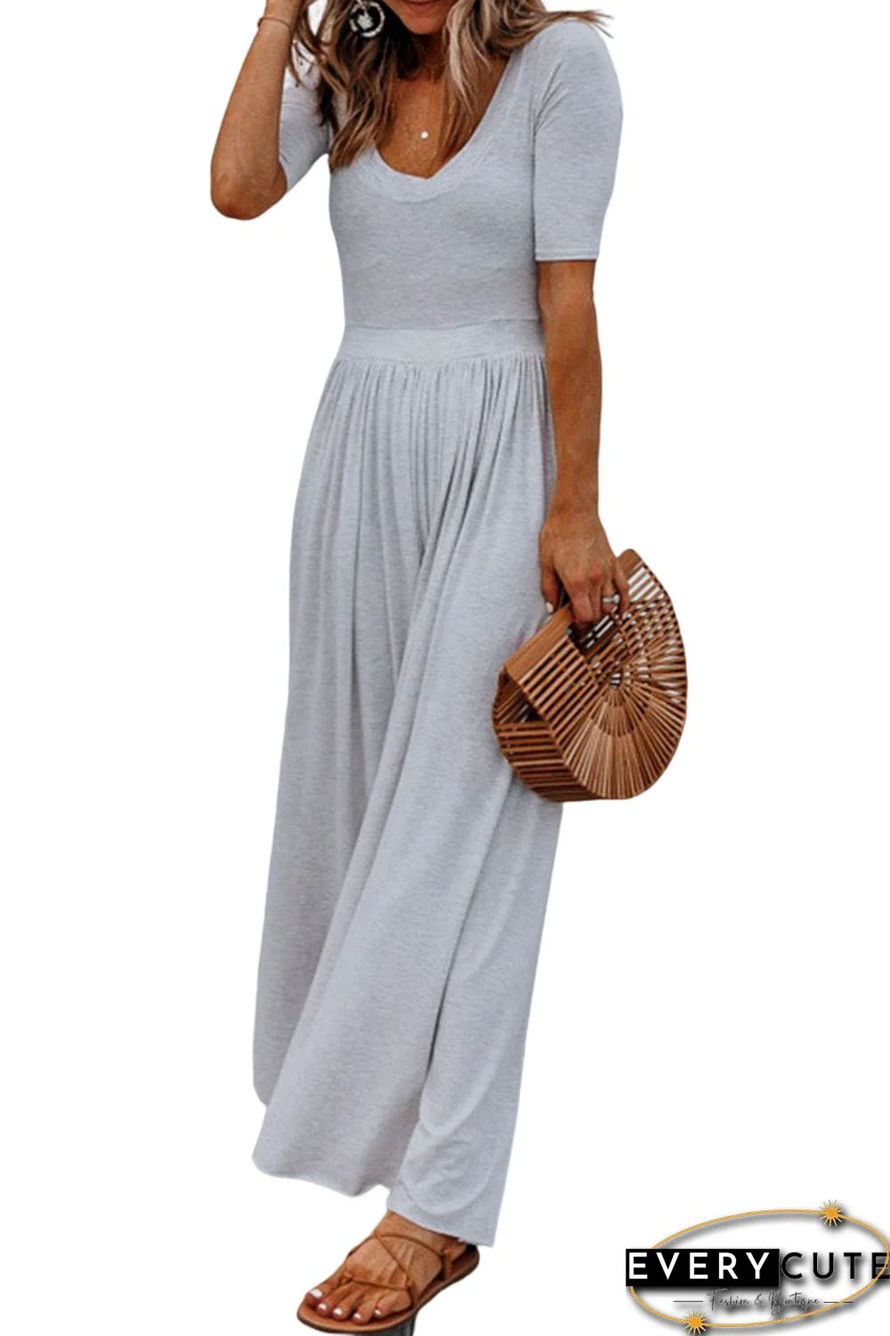 Gray Short Sleeve Bodice Flowy Wide Leg Jumpsuit