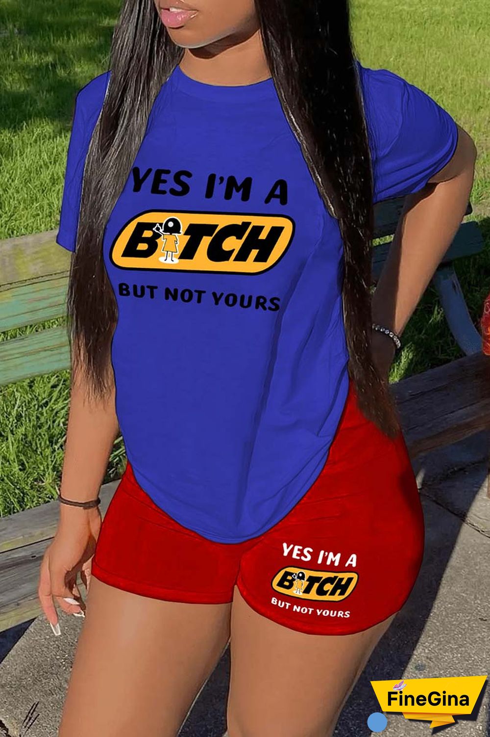 Blue Red Casual Print Basic O Neck Short Sleeve Two Pieces