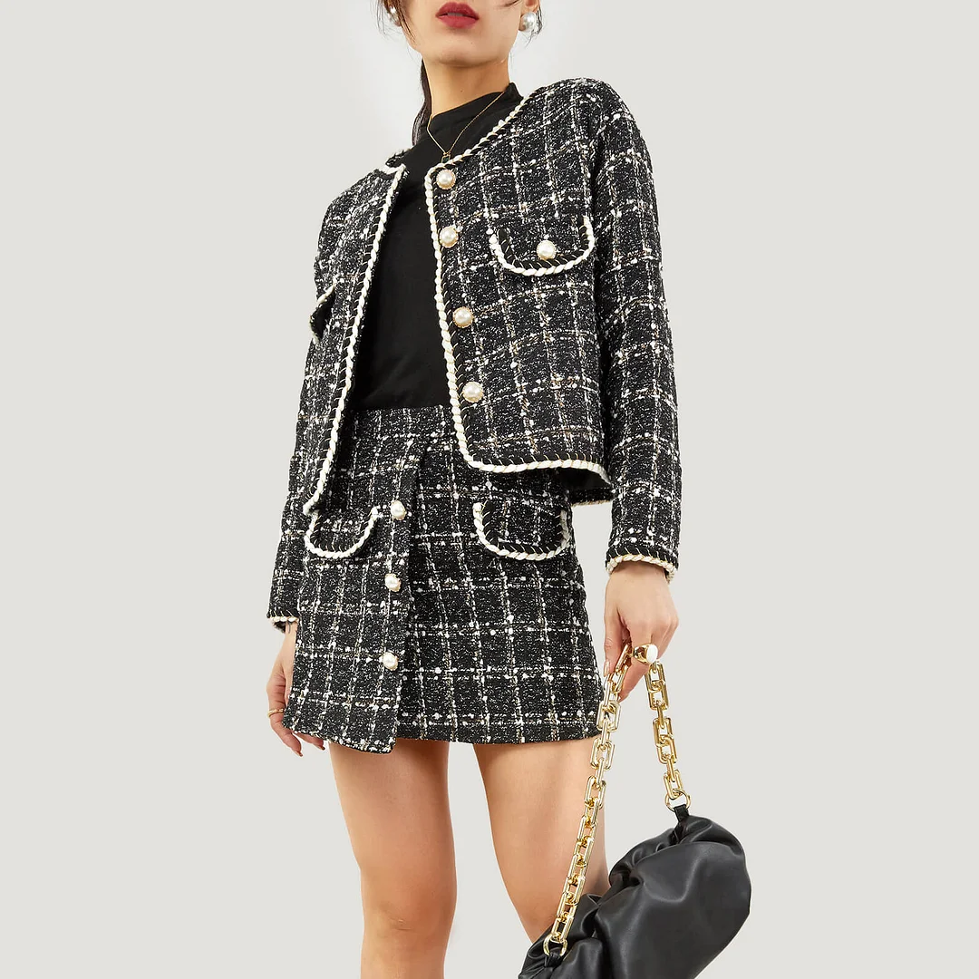 ABEBEY-Abebey Black Plaid Tweed Fake Flap Pocket Jacket & Skirt Two-Piece Set