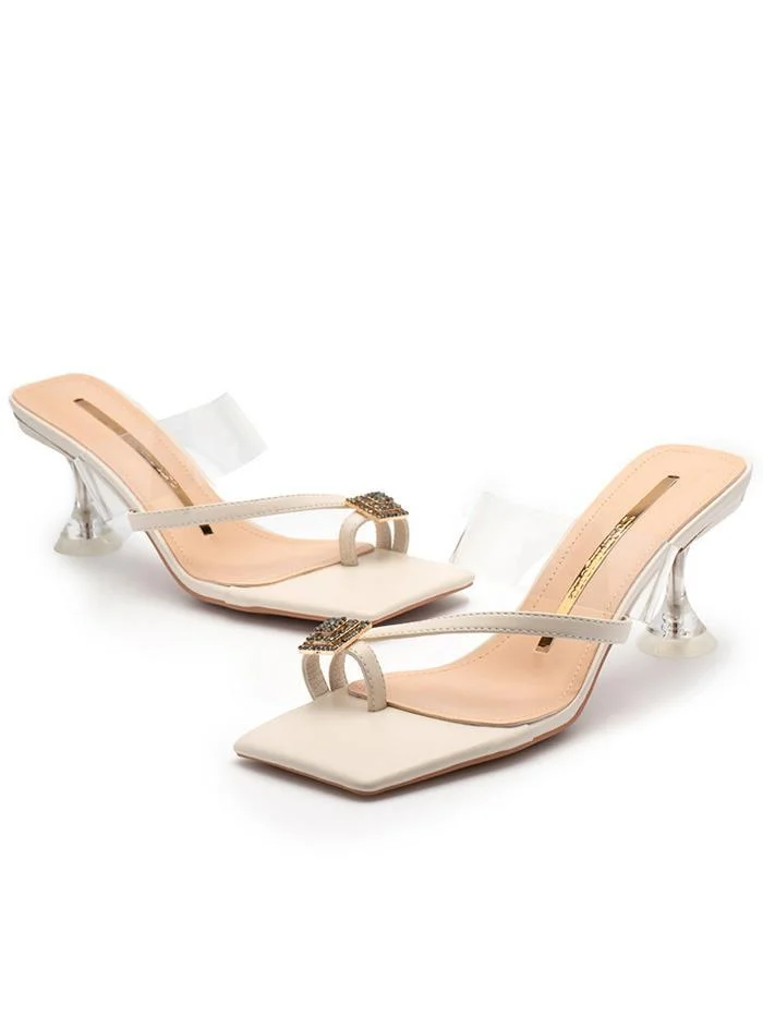 Square toe rhinestone flip flops crystal heel sandals