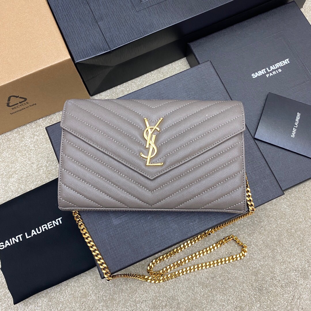 YSL Wallet on Chain Bag in Gray Quilted Grained Calfskin 