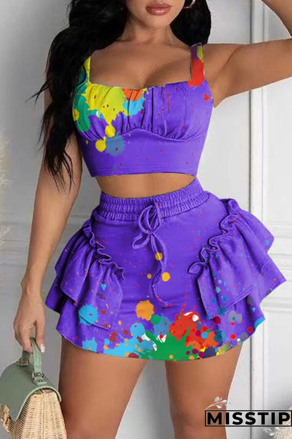 Purple Sexy Casual Print Fold U Neck Sleeveless Two Pieces