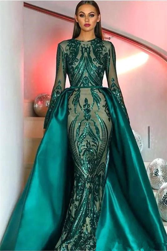 Emerald Green Long Sleeves Sequins Mermaid Prom Dress Long With Detachable Skirt  | Ballbellas Ballbellas