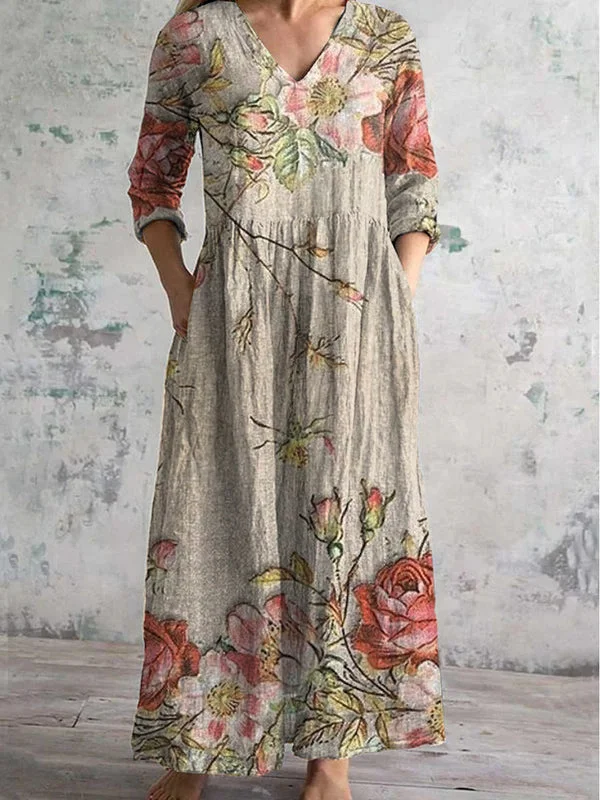 Women's 3/4 Sleeve V-neck Floral Printed Midi Dress