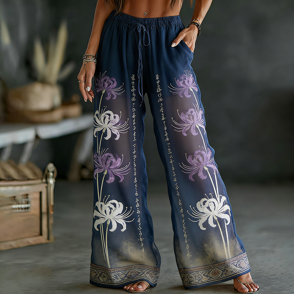 Japanese-style Spider Lily Color-block Flowing Tie-dye Cotton Linen Trousers elevenforest