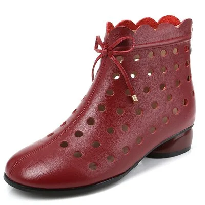 GKTINOO 2022 Summer Ankle Boots Genuine Leather Shoes Women Med High Heel Back Zipper Boots Cutout breathable Mujer Zapatos