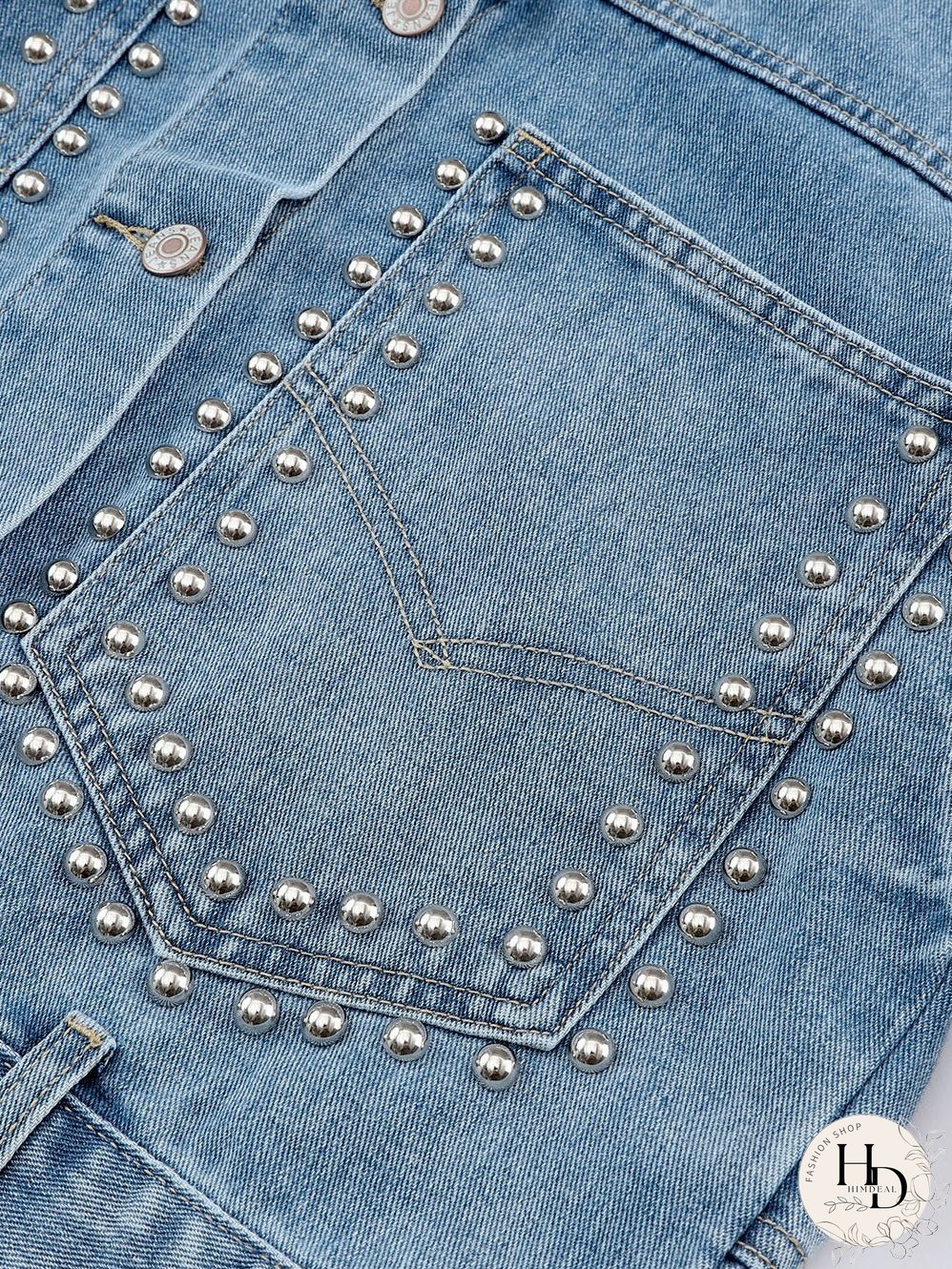 Sky Blue Rhinestone Embellished Denim Shacket