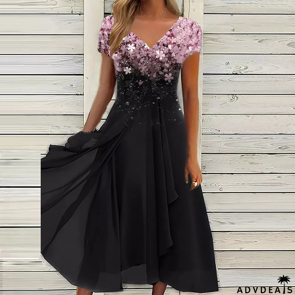 Elegant Floral Chiffon Party Fashion V-Neck Short Sleeve Dress