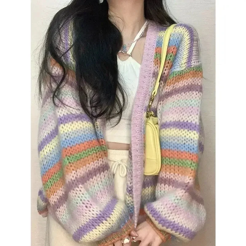 Tlbang Y2K Harajuku Rainbow Striped Cardigan Women Vintage Oversized Knitted Sweater Sweet Casual Long Sleeve Tops 00s Korean