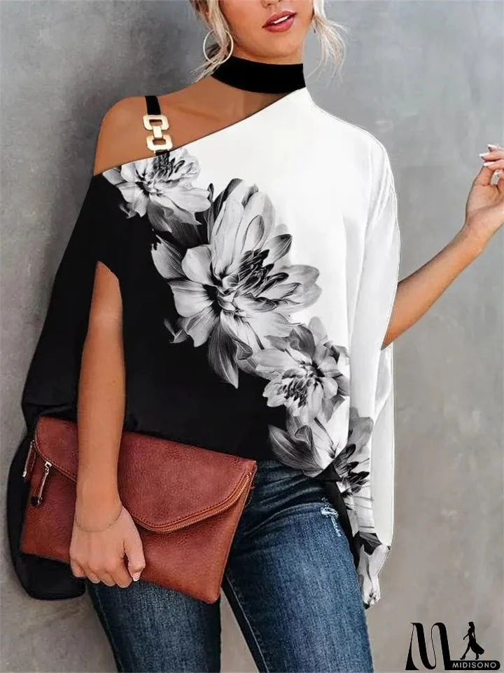 Women's Fashion Print Halter Neck One Shoulder Short Sleeve Shirts