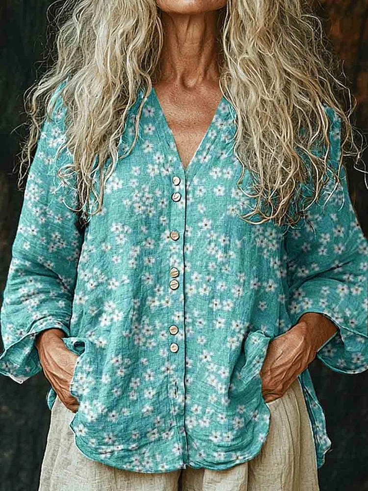 Womens Retro Flower Pattern Long Sleeve Comfortable Cotton And Linen Shirt