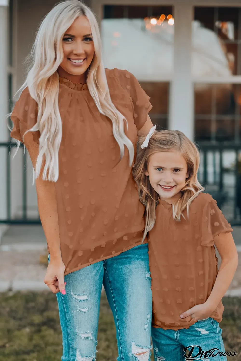 Brown Ruffled Sleeve Swiss Dot T-shirts