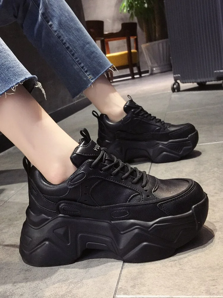 Women Platform Sneakers Leather Casual Ladies Chunky Shoes 2021 White Woman High Black Fashion Brand Thick soled Wedge Sneakers