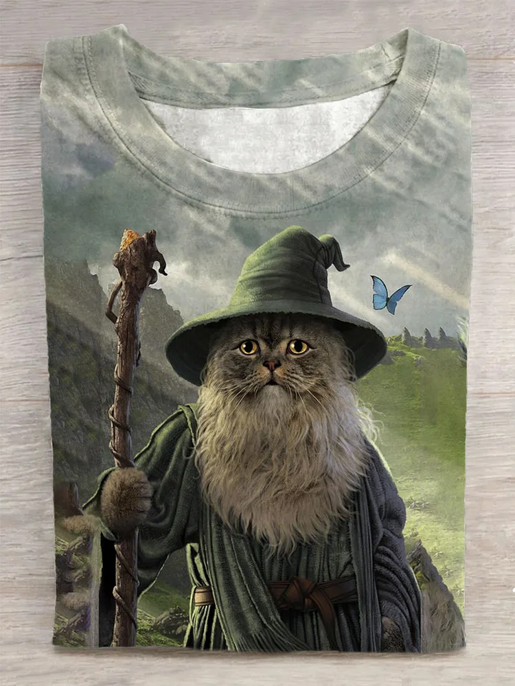 Unisex Loose Wizard Cat Print T-Shirt