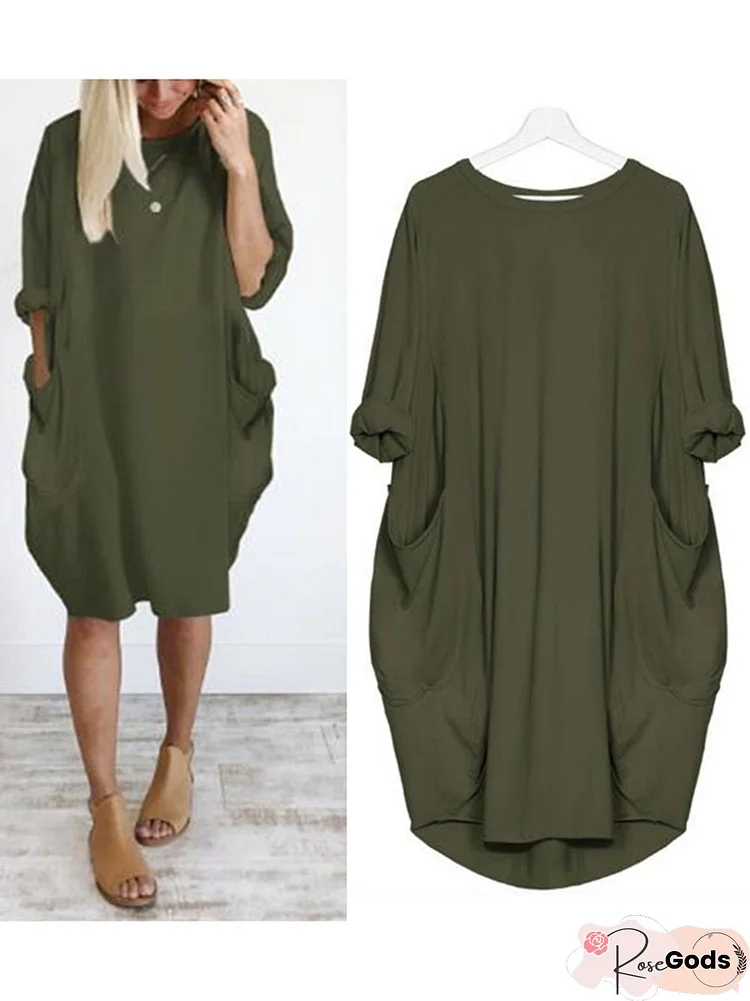 Plus Size Casual Batwing Long Sleeve Pockets Tunic Dress